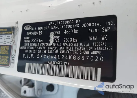 2019 Kia Optima Sx Turbo из США, поврежденный, VIN 5XXGW4L24KG367020